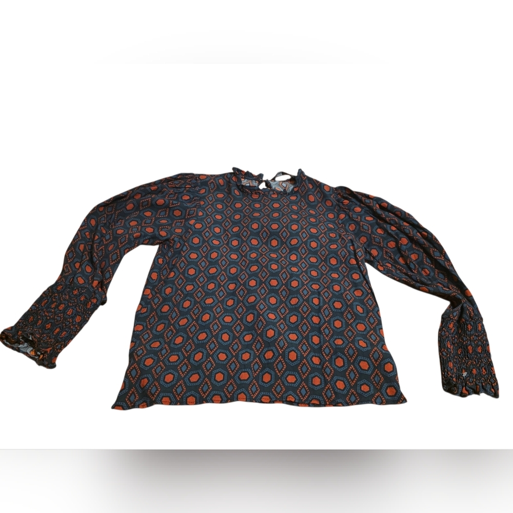 Zara Woman Geometric Print Statement Sleeve Blouse Keyhole Back Blue & Red Sz S